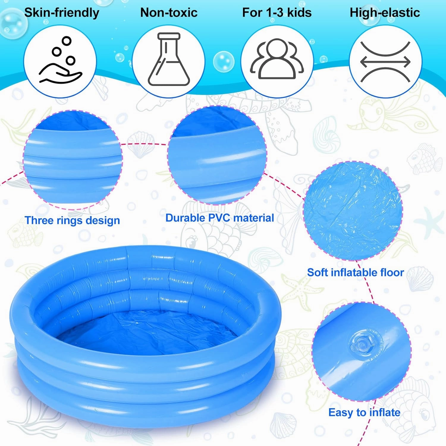 Jerify 6 Pack Kiddie Pool for Toddler 34 x 10 Inch Inflatable Kids Swimming Pool Small Baby Blow up 3 Rings Round Baby Padding Ball Pond for Indoor and Outdoor Water Game Play Center(Lively Style)