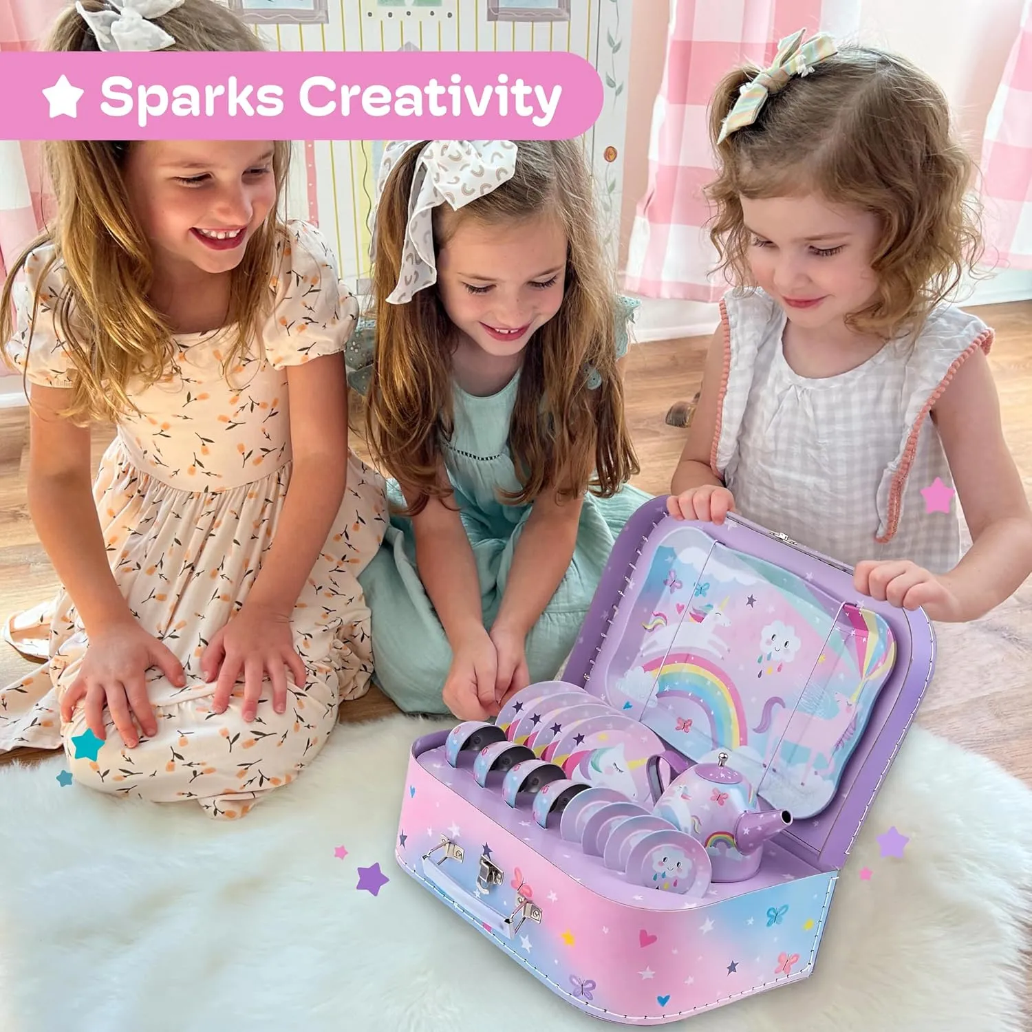 Jewelkeeper Tea Party Set - 15-Piece Toddler Tea Set with Unicorn Design for Kids - Includes Teapot, Cups, Saucers, Plates and Carrying Case for Imaginative Play and Storage