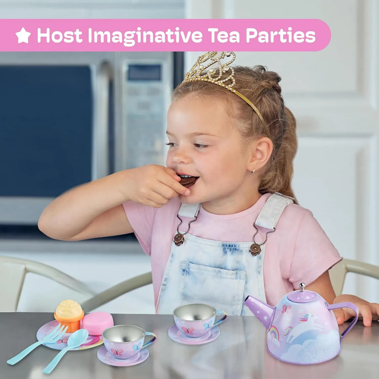 Jewelkeeper Tea Party Set - 15-Piece Toddler Tea Set with Unicorn Design for Kids - Includes Teapot, Cups, Saucers, Plates and Carrying Case for Imaginative Play and Storage