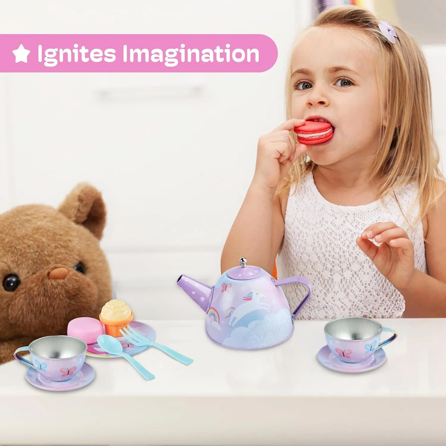 Jewelkeeper Tea Party Set - 15-Piece Toddler Tea Set with Unicorn Design for Kids - Includes Teapot, Cups, Saucers, Plates and Carrying Case for Imaginative Play and Storage