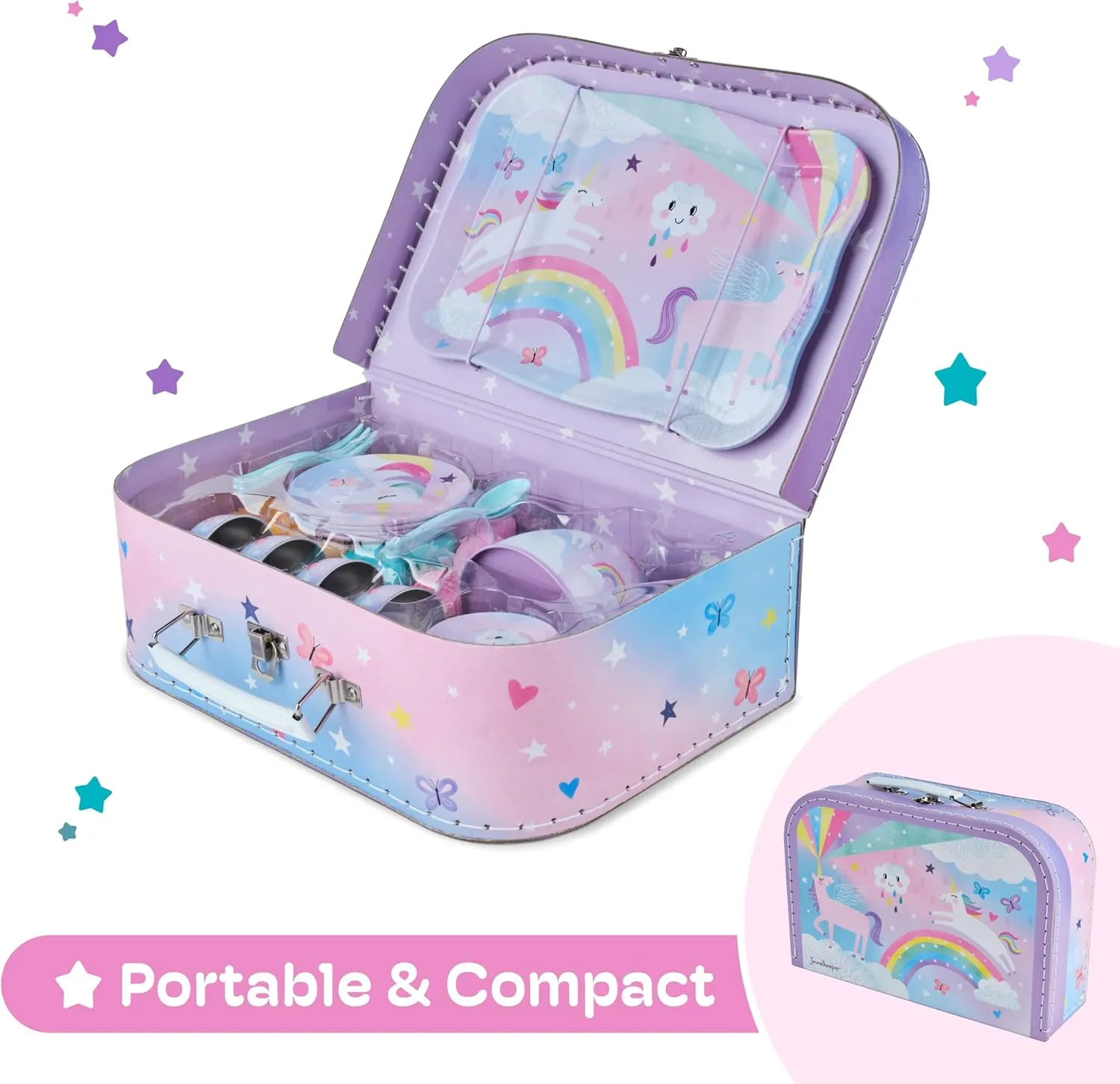 Jewelkeeper Tea Party Set - 15-Piece Toddler Tea Set with Unicorn Design for Kids - Includes Teapot, Cups, Saucers, Plates and Carrying Case for Imaginative Play and Storage