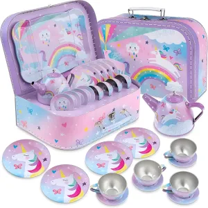 Jewelkeeper Tea Party Set - 15-Piece Toddler Tea Set with Unicorn Design for Kids - Includes Teapot, Cups, Saucers, Plates and Carrying Case for Imaginative Play and Storage