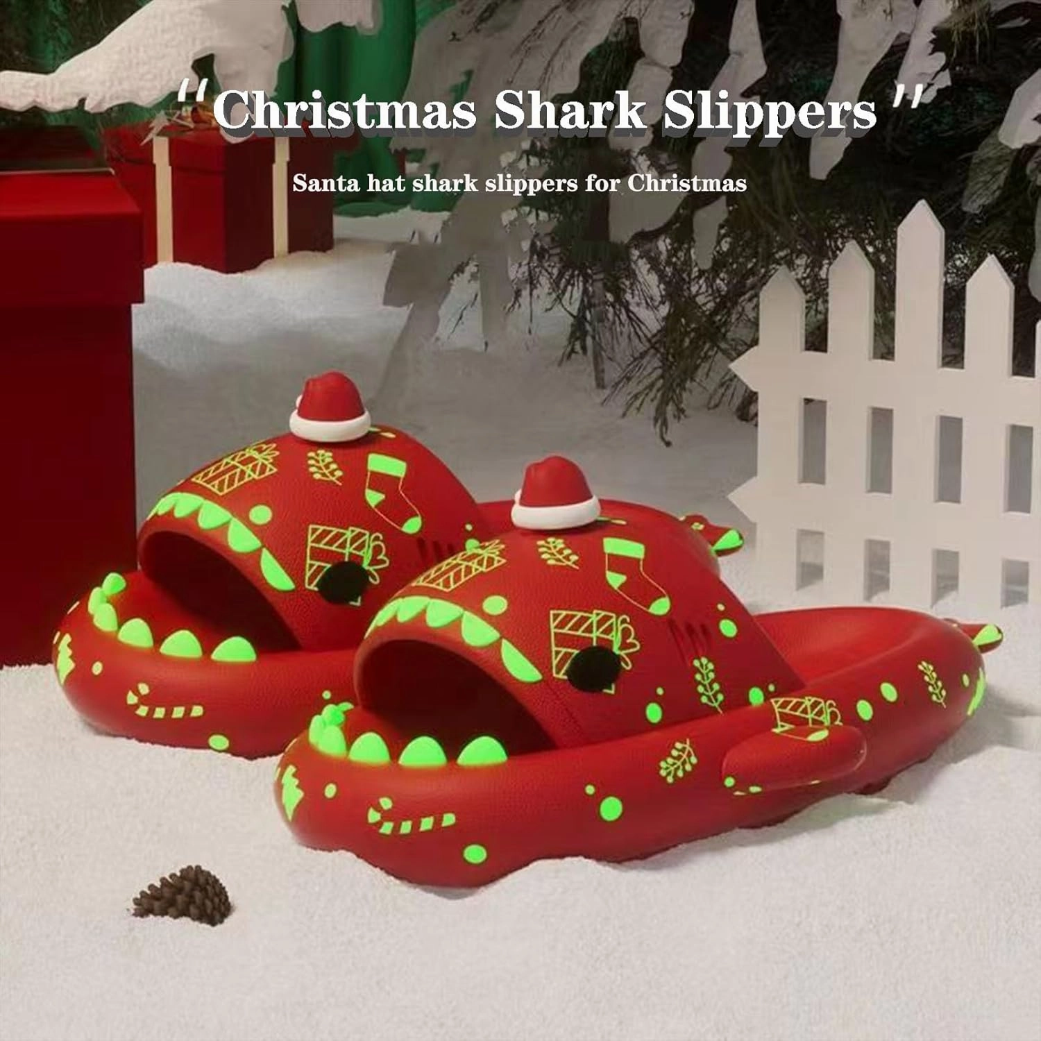 Jfxgjuv Halloween Luminous Shark Slippers, Christmas Luminous Shark Slippers, Spooky Shark Slides Glow in The Dark for Men Women