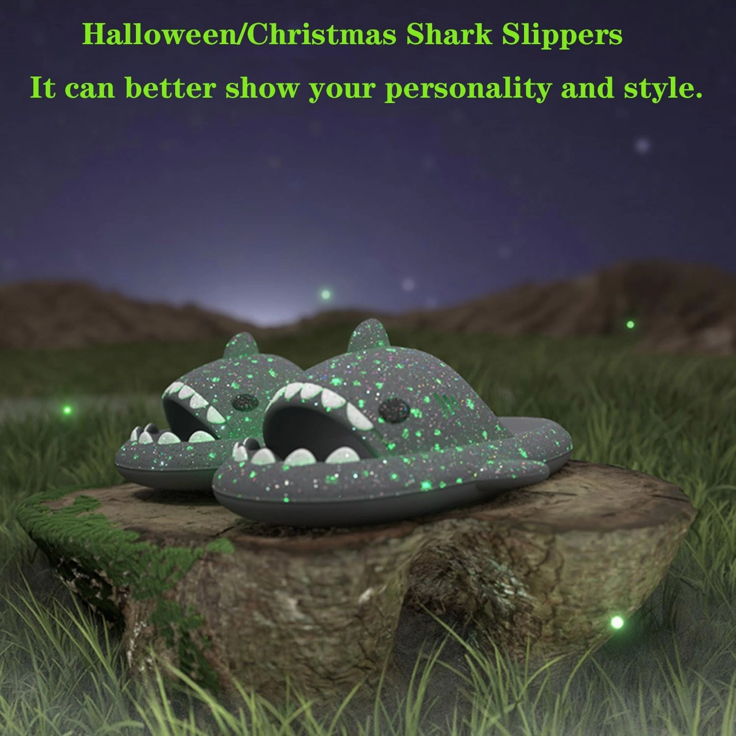 Jfxgjuv Halloween Luminous Shark Slippers, Spooky Shark Slides Glow in The Dark Halloween Shark Slides Christmas Shark Slides Santa Shark Slides Glow in The Dark for Men Women