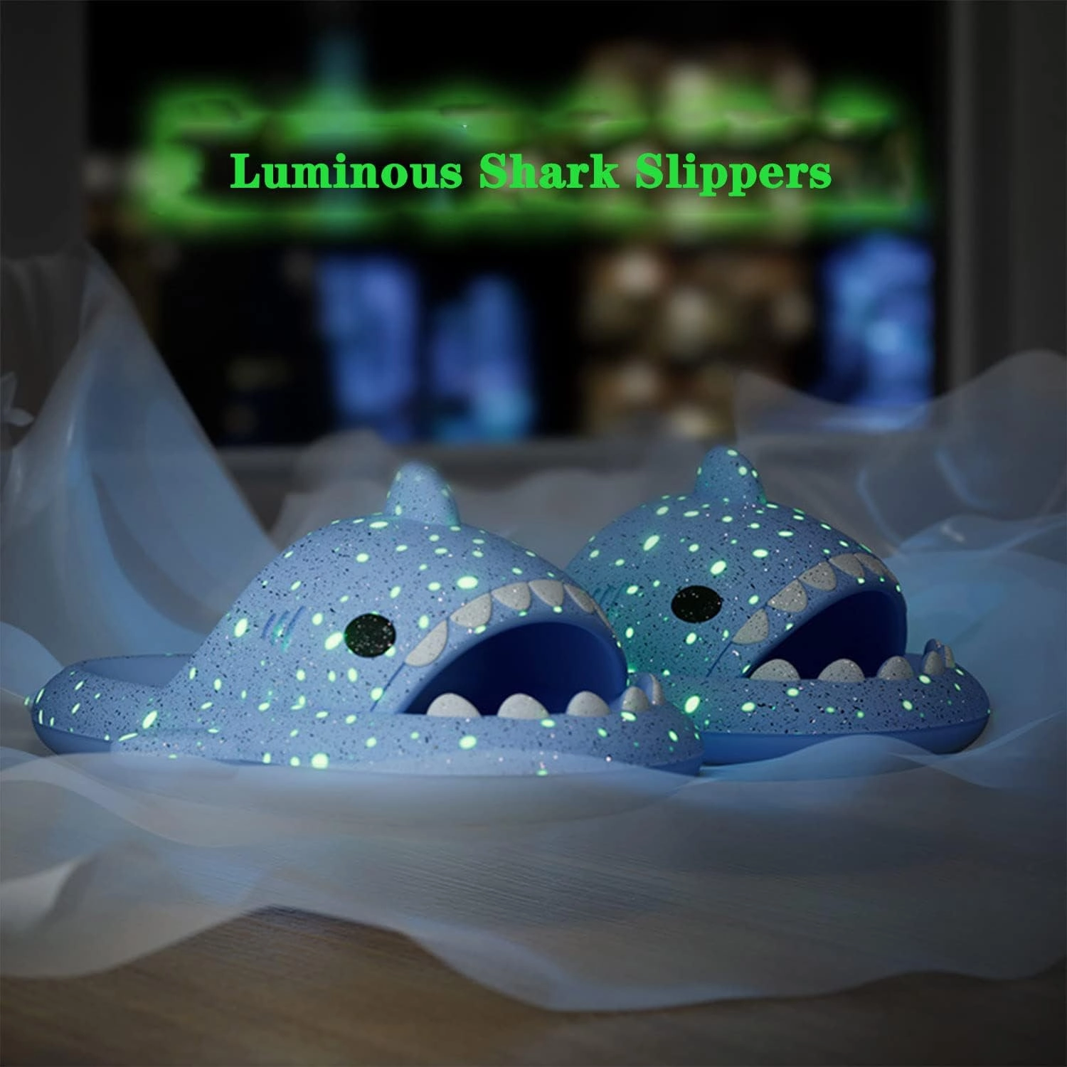 Jfxgjuv Halloween Luminous Shark Slippers, Spooky Shark Slides Glow in The Dark Halloween Shark Slides Christmas Shark Slides Santa Shark Slides Glow in The Dark for Men Women