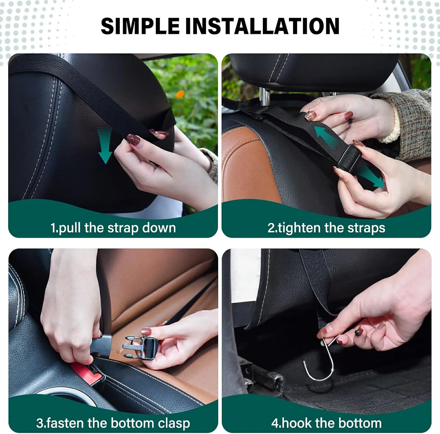 JIPONI Car Backseat Organizer, Green Leopard Automotive Back Seat Protector, Kick Mats with Storage Pockets for Kids Pets, Road Trip Accessories (2 Pack)