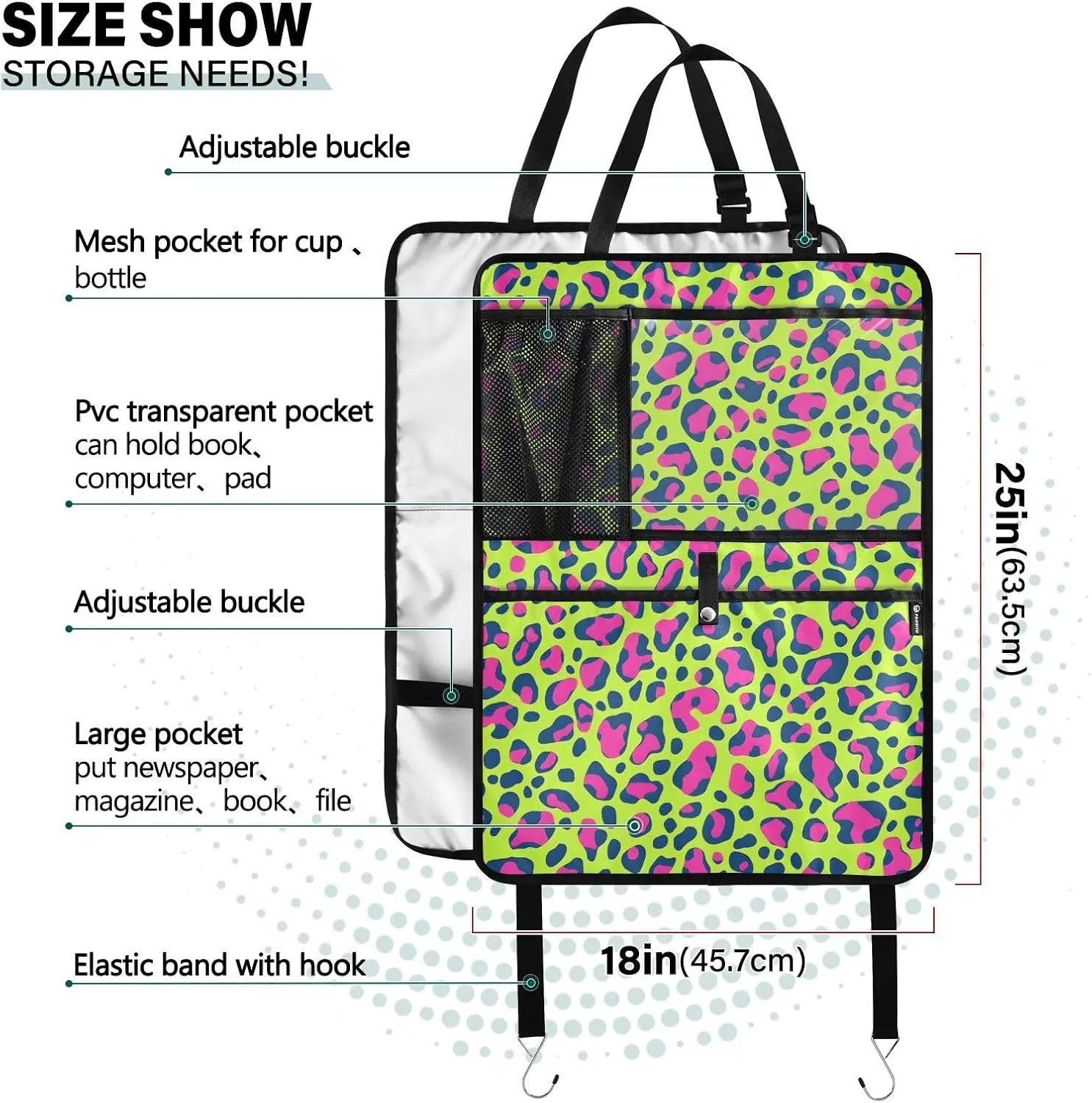 JIPONI Car Backseat Organizer, Green Leopard Automotive Back Seat Protector, Kick Mats with Storage Pockets for Kids Pets, Road Trip Accessories (2 Pack)
