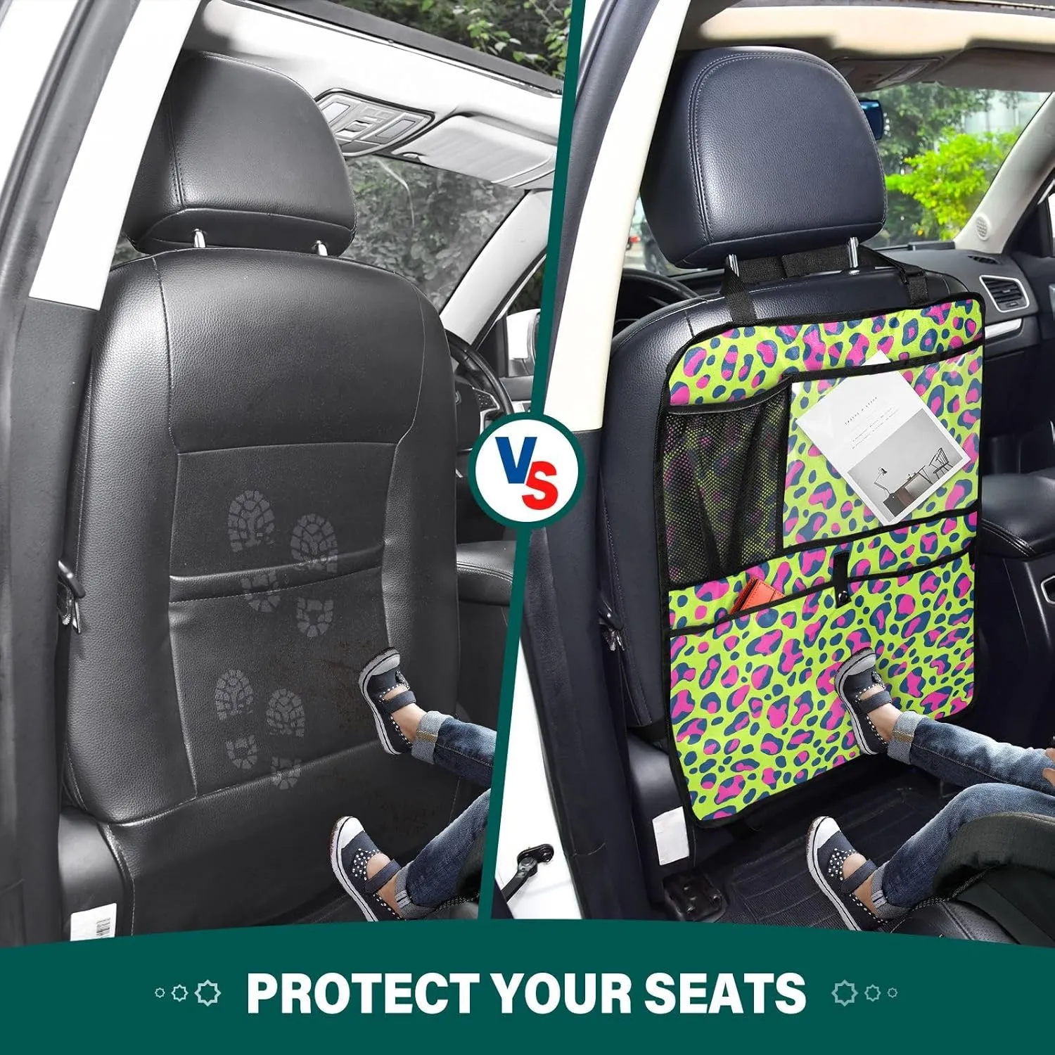 JIPONI Car Backseat Organizer, Green Leopard Automotive Back Seat Protector, Kick Mats with Storage Pockets for Kids Pets, Road Trip Accessories (2 Pack)