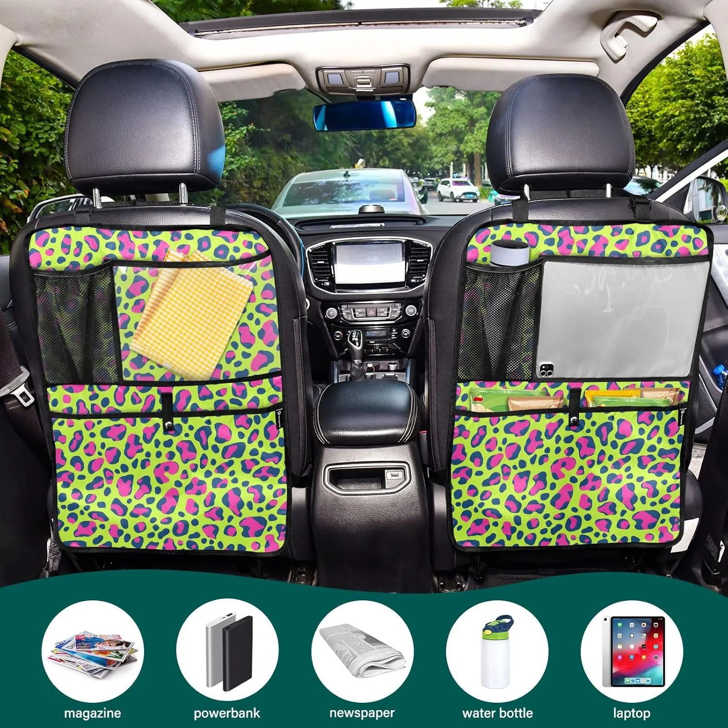 JIPONI Car Backseat Organizer, Green Leopard Automotive Back Seat Protector, Kick Mats with Storage Pockets for Kids Pets, Road Trip Accessories (2 Pack)