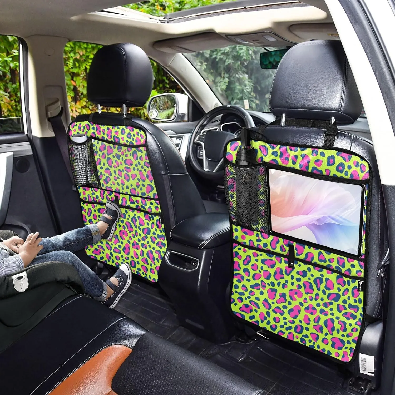 JIPONI Car Backseat Organizer, Green Leopard Automotive Back Seat Protector, Kick Mats with Storage Pockets for Kids Pets, Road Trip Accessories (2 Pack)