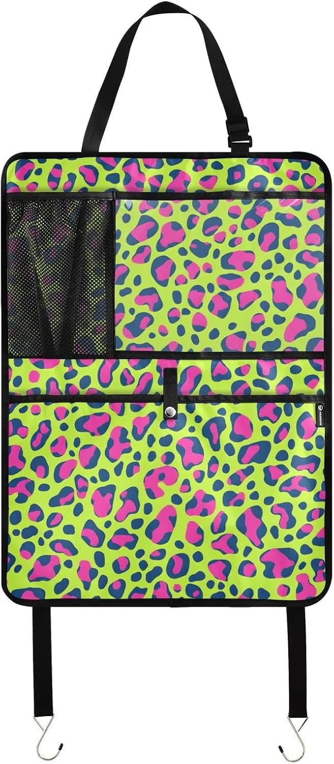 JIPONI Car Backseat Organizer, Green Leopard Automotive Back Seat Protector, Kick Mats with Storage Pockets for Kids Pets, Road Trip Accessories (2 Pack)