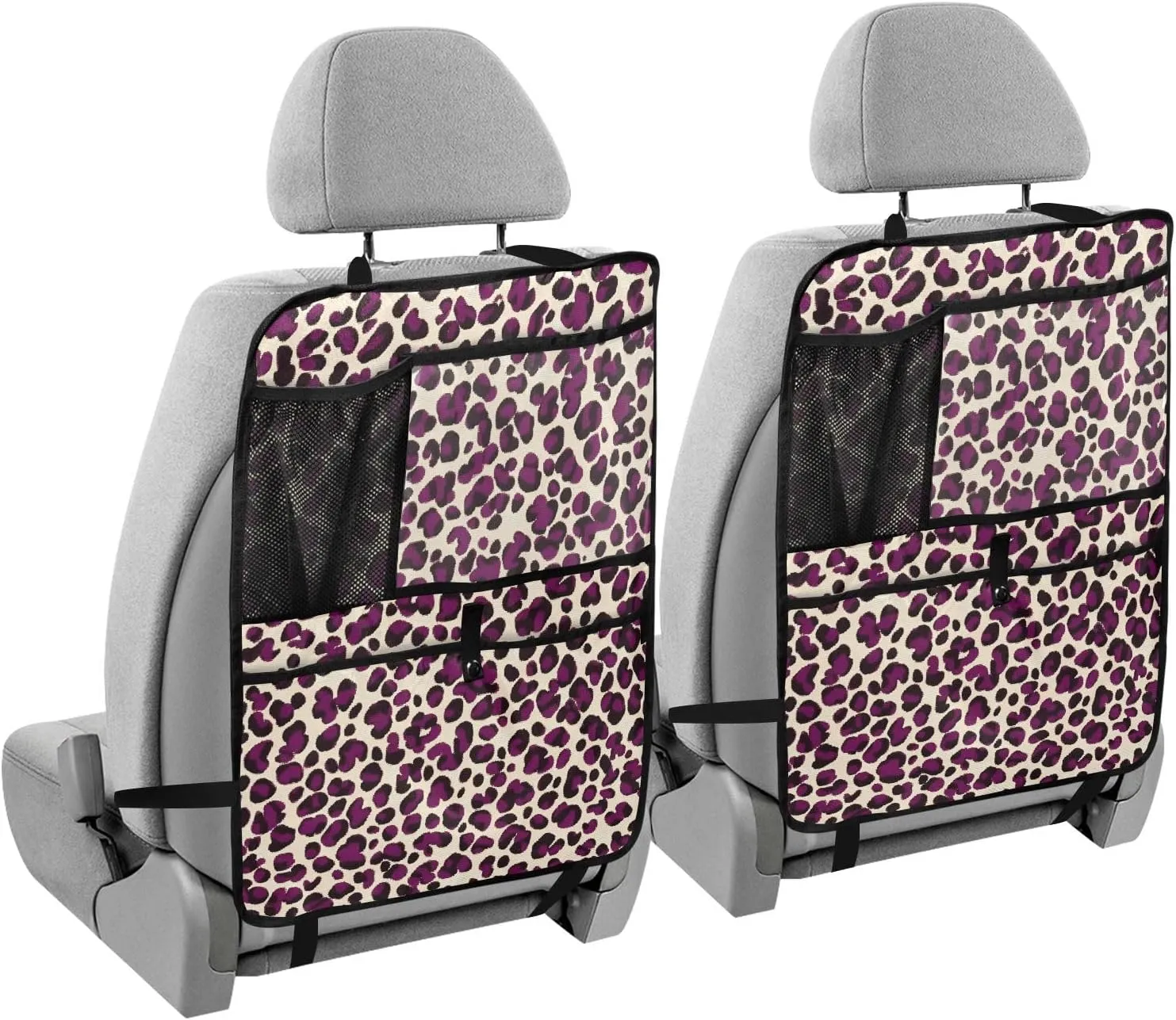 JIPONI Car Backseat Organizer, Purple Leopard Spots Automotive Back Seat Protector, Kick Mats with Storage Pockets for Kids Pets, Road Trip Accessories (2 Pack)