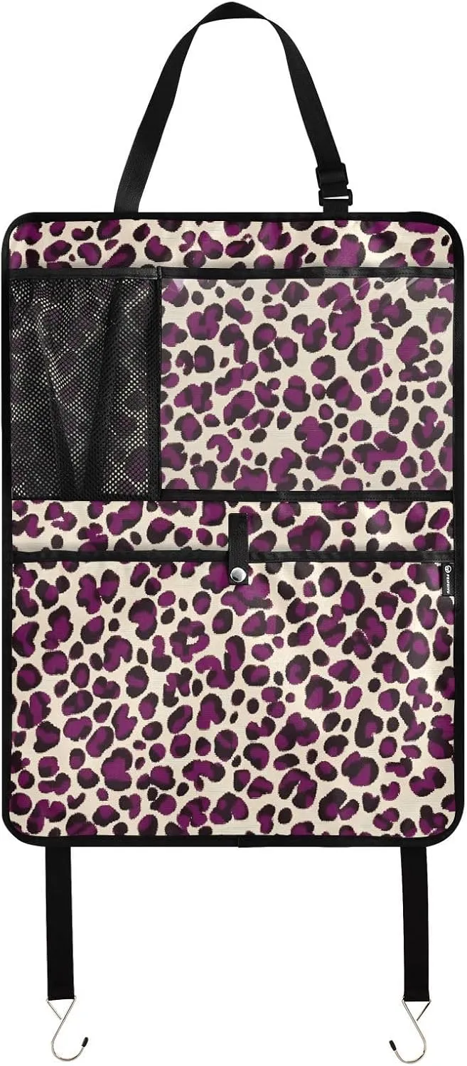 JIPONI Car Backseat Organizer, Purple Leopard Spots Automotive Back Seat Protector, Kick Mats with Storage Pockets for Kids Pets, Road Trip Accessories (2 Pack)