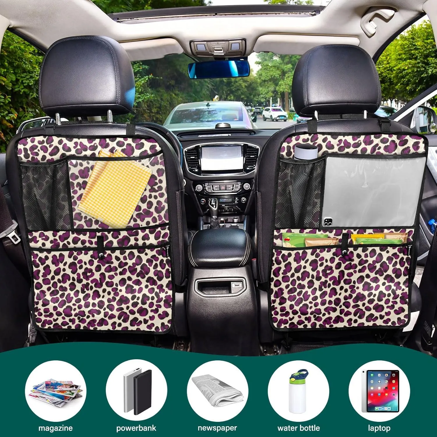 JIPONI Car Backseat Organizer, Purple Leopard Spots Automotive Back Seat Protector, Kick Mats with Storage Pockets for Kids Pets, Road Trip Accessories (2 Pack)