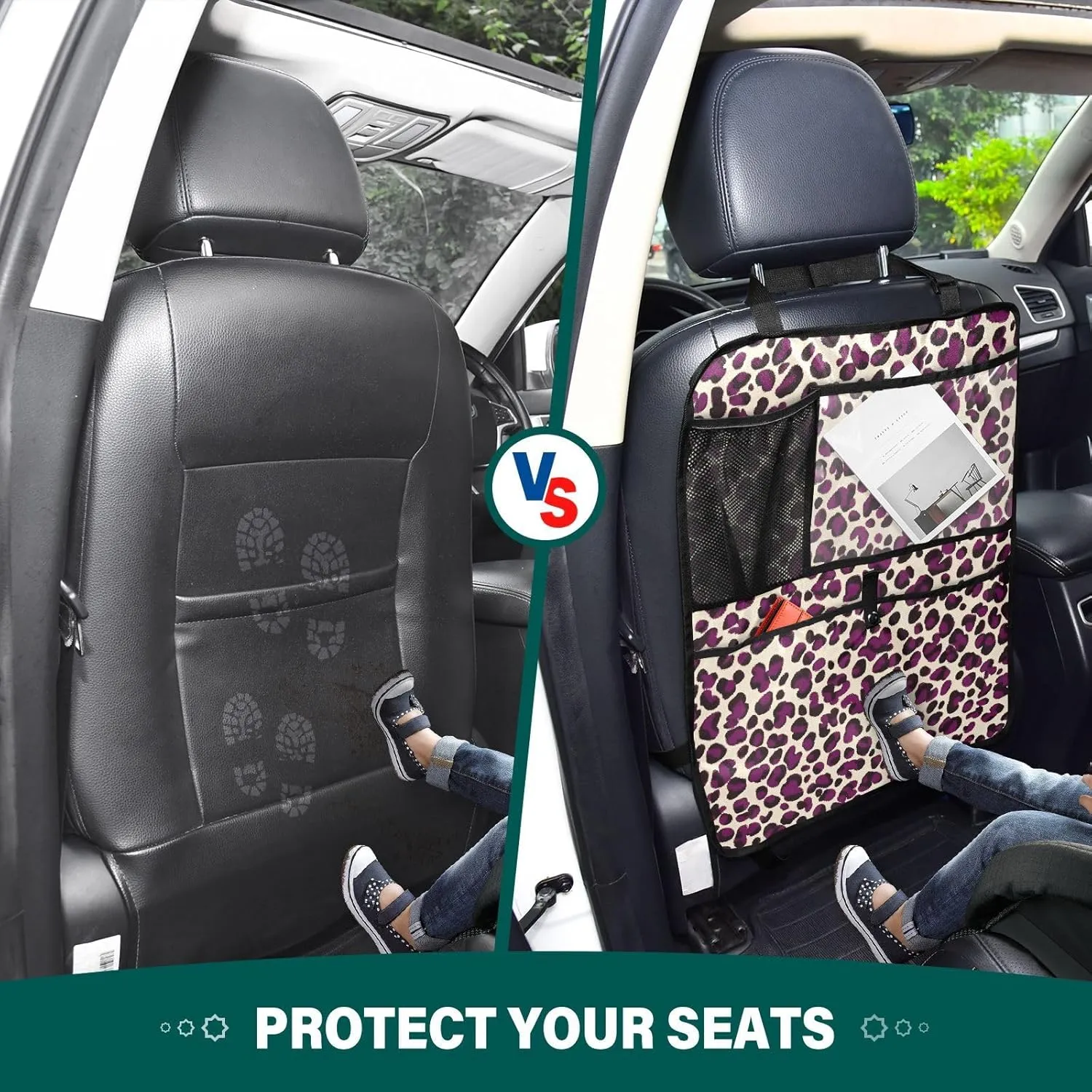 JIPONI Car Backseat Organizer, Purple Leopard Spots Automotive Back Seat Protector, Kick Mats with Storage Pockets for Kids Pets, Road Trip Accessories (2 Pack)