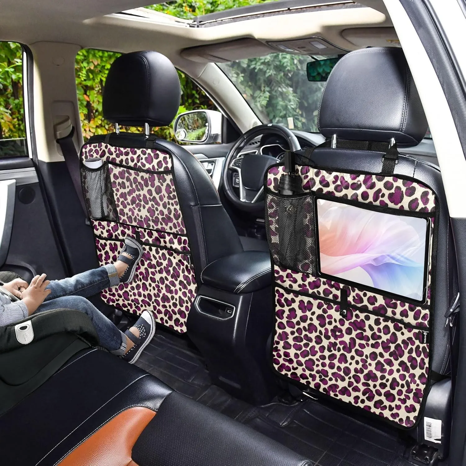 JIPONI Car Backseat Organizer, Purple Leopard Spots Automotive Back Seat Protector, Kick Mats with Storage Pockets for Kids Pets, Road Trip Accessories (2 Pack)