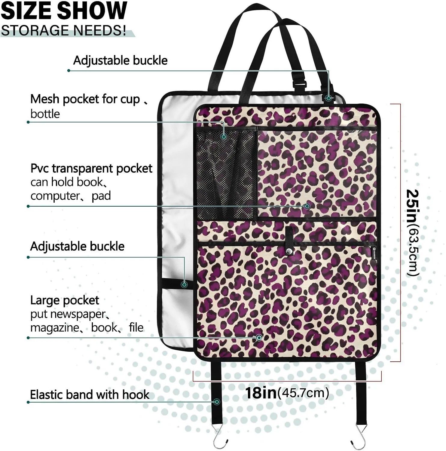JIPONI Car Backseat Organizer, Purple Leopard Spots Automotive Back Seat Protector, Kick Mats with Storage Pockets for Kids Pets, Road Trip Accessories (2 Pack)