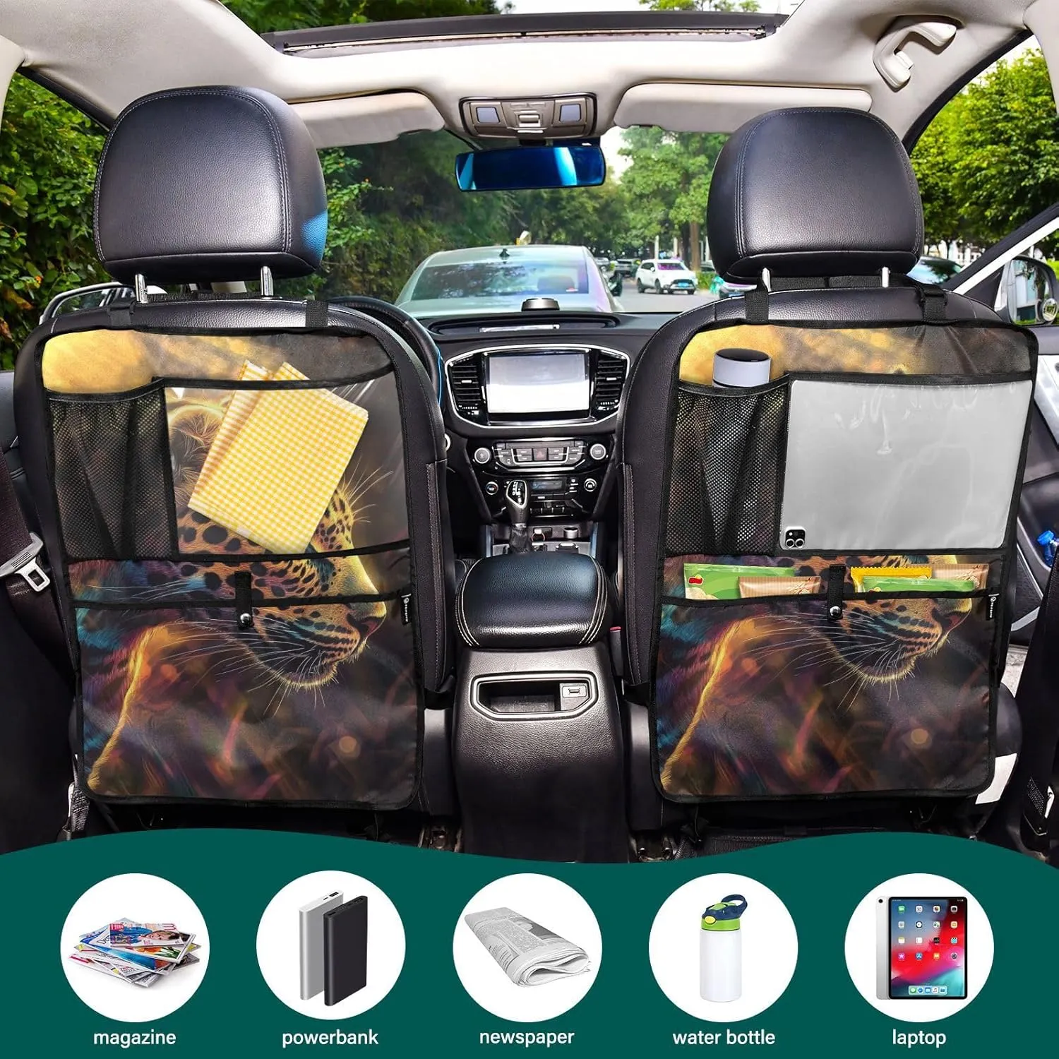JIPONI Car Backseat Organizer, Shining Sun Leopard Automotive Back Seat Protector, Kick Mats with Storage Pockets for Kids Pets, Road Trip Accessories
