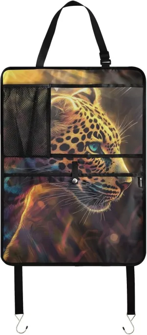 JIPONI Car Backseat Organizer, Shining Sun Leopard Automotive Back Seat Protector, Kick Mats with Storage Pockets for Kids Pets, Road Trip Accessories