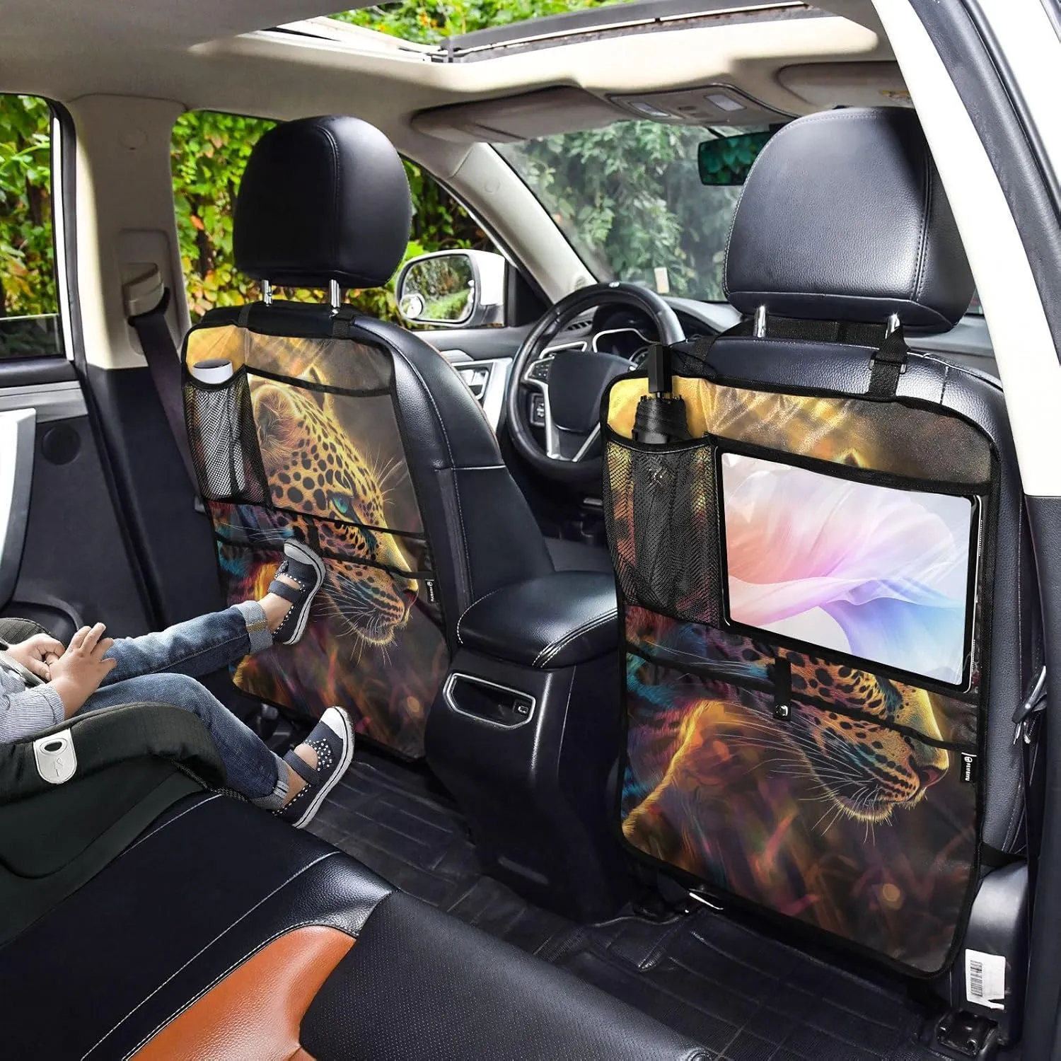 JIPONI Car Backseat Organizer, Shining Sun Leopard Automotive Back Seat Protector, Kick Mats with Storage Pockets for Kids Pets, Road Trip Accessories