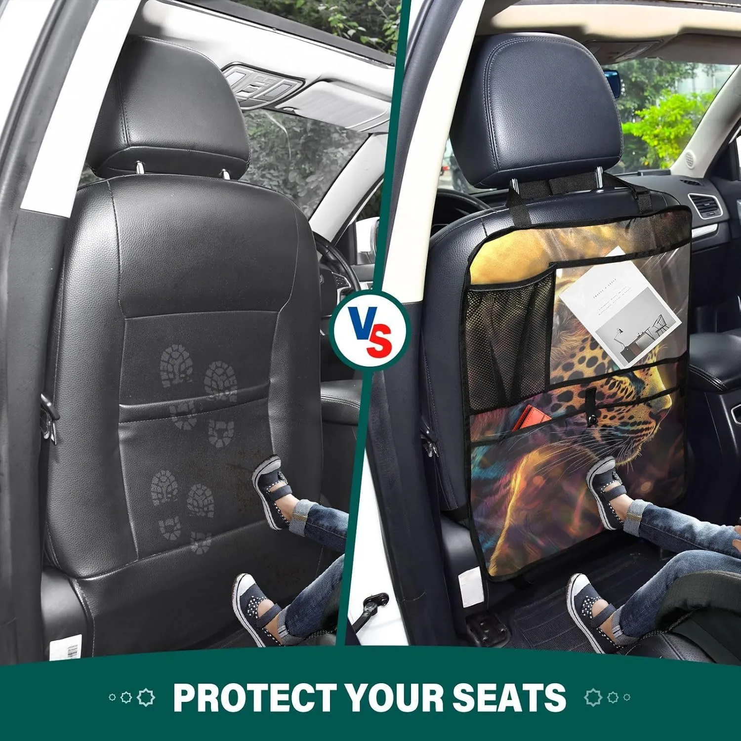 JIPONI Car Backseat Organizer, Shining Sun Leopard Automotive Back Seat Protector, Kick Mats with Storage Pockets for Kids Pets, Road Trip Accessories