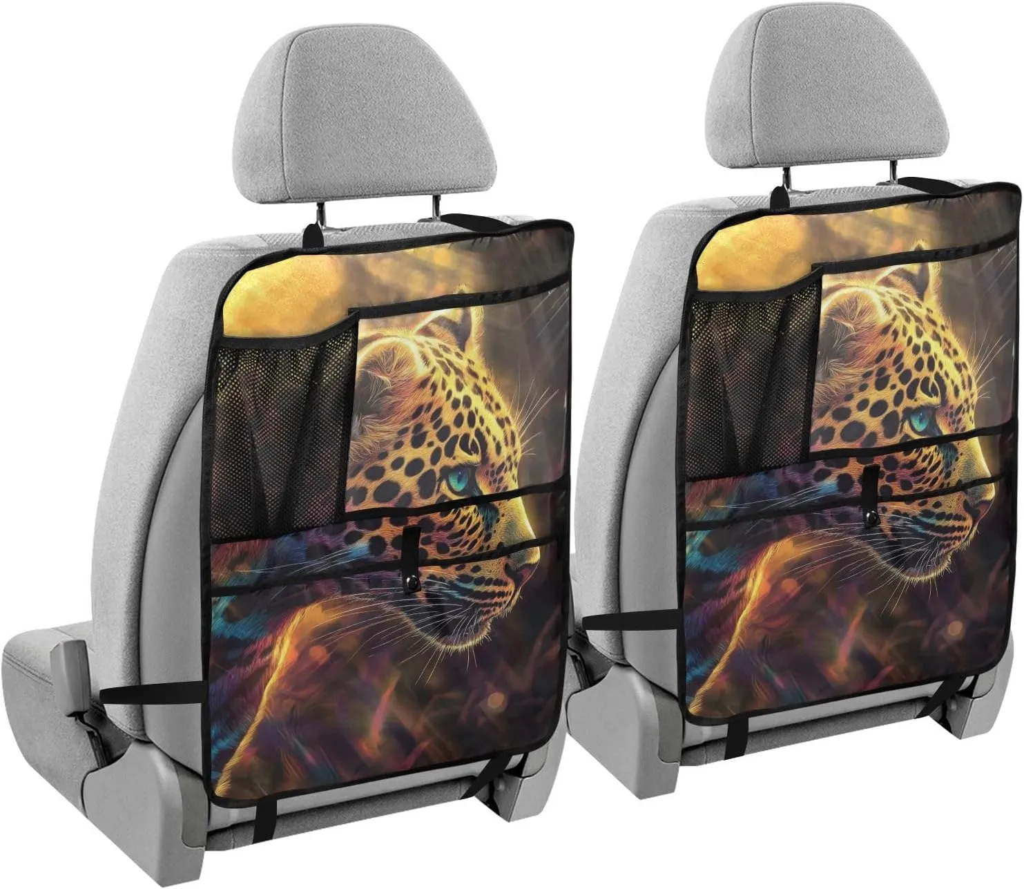 JIPONI Car Backseat Organizer, Shining Sun Leopard Automotive Back Seat Protector, Kick Mats with Storage Pockets for Kids Pets, Road Trip Accessories