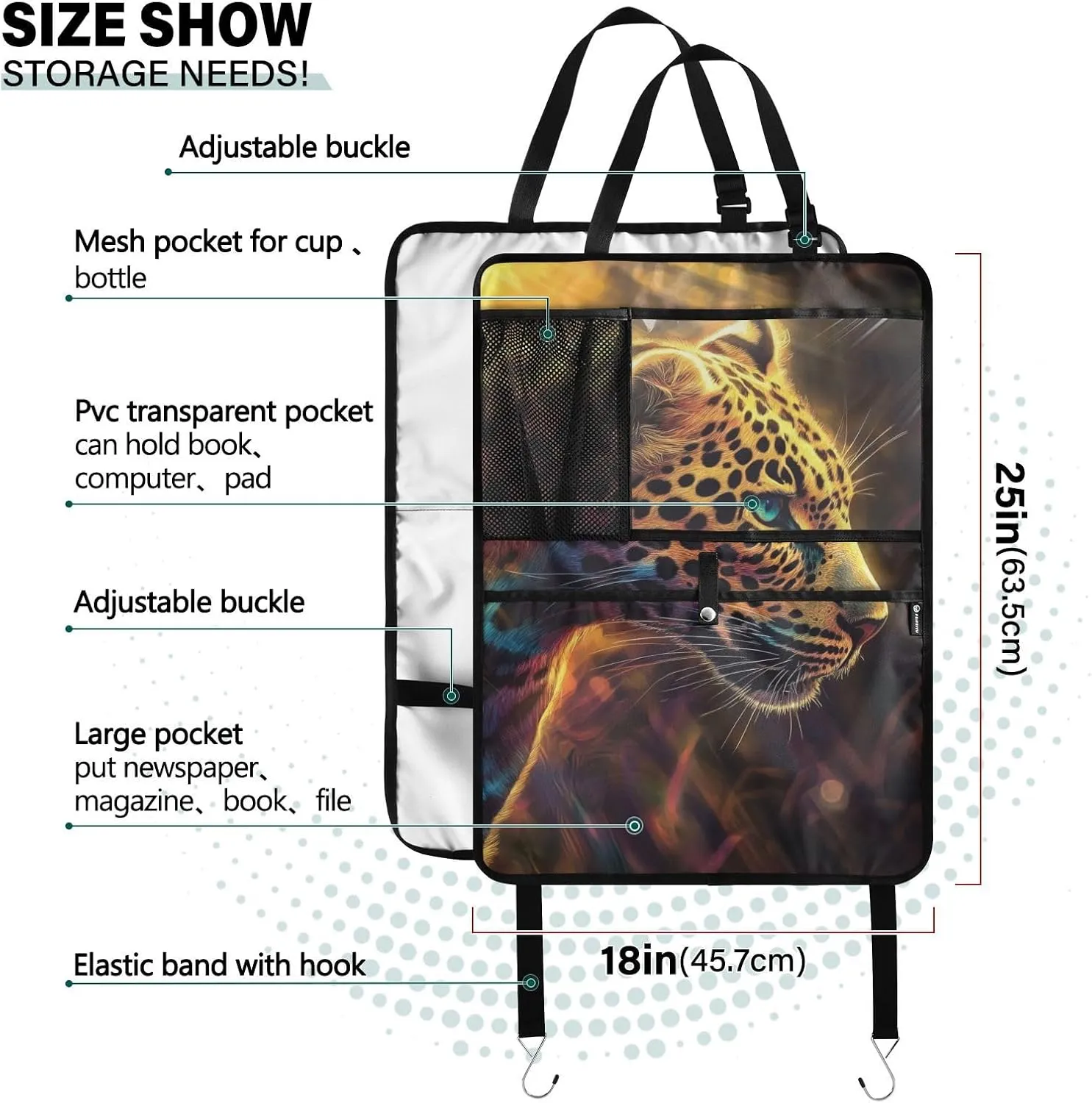 JIPONI Car Backseat Organizer, Shining Sun Leopard Automotive Back Seat Protector, Kick Mats with Storage Pockets for Kids Pets, Road Trip Accessories