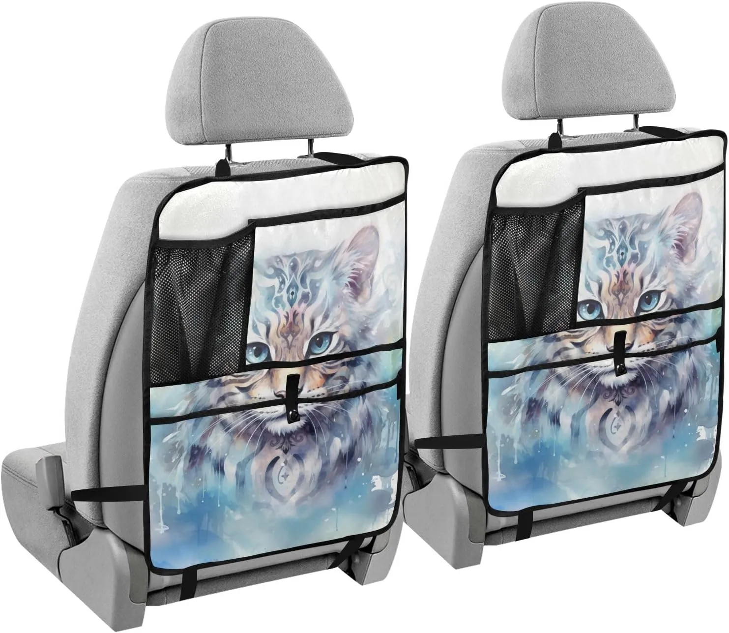 JIPONI Car Backseat Organizer, Snow Leopard Automotive Back Seat Protector, Kick Mats with Storage Pockets for Kids Pets, Road Trip Accessories (2 Pack)