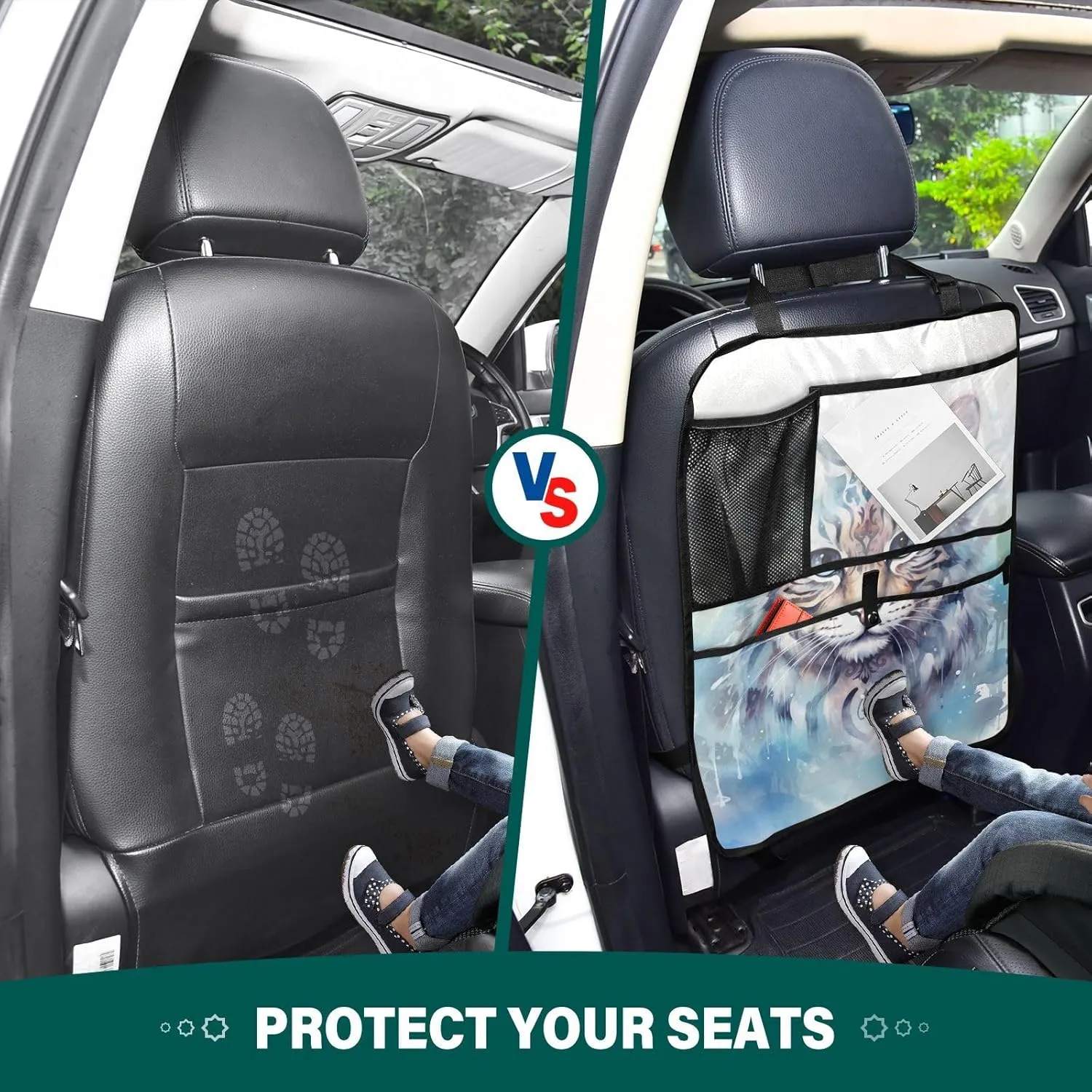 JIPONI Car Backseat Organizer, Snow Leopard Automotive Back Seat Protector, Kick Mats with Storage Pockets for Kids Pets, Road Trip Accessories (2 Pack)