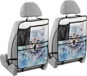 JIPONI Car Backseat Organizer, Snow Leopard Automotive Back Seat Protector, Kick Mats with Storage Pockets for Kids Pets, Road Trip Accessories (2 Pack)