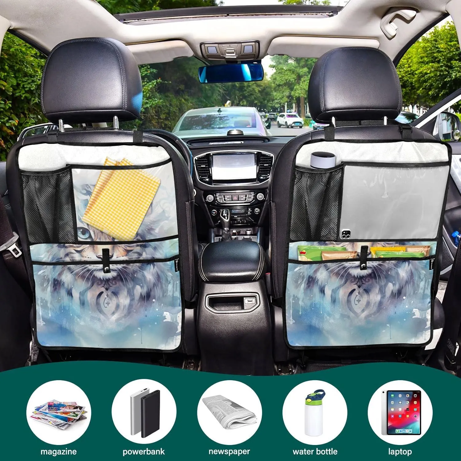 JIPONI Car Backseat Organizer, Snow Leopard Automotive Back Seat Protector, Kick Mats with Storage Pockets for Kids Pets, Road Trip Accessories (2 Pack)