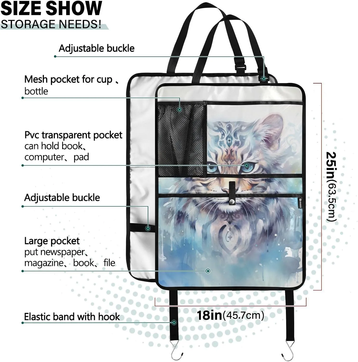 JIPONI Car Backseat Organizer, Snow Leopard Automotive Back Seat Protector, Kick Mats with Storage Pockets for Kids Pets, Road Trip Accessories (2 Pack)