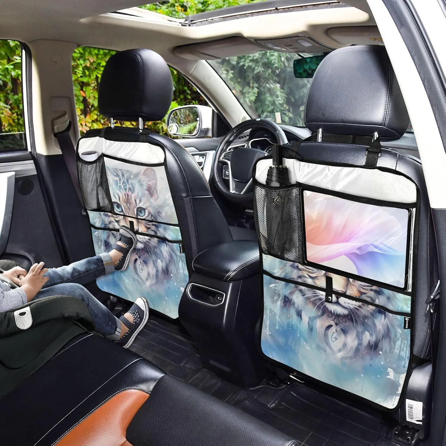 JIPONI Car Backseat Organizer, Snow Leopard Automotive Back Seat Protector, Kick Mats with Storage Pockets for Kids Pets, Road Trip Accessories (2 Pack)
