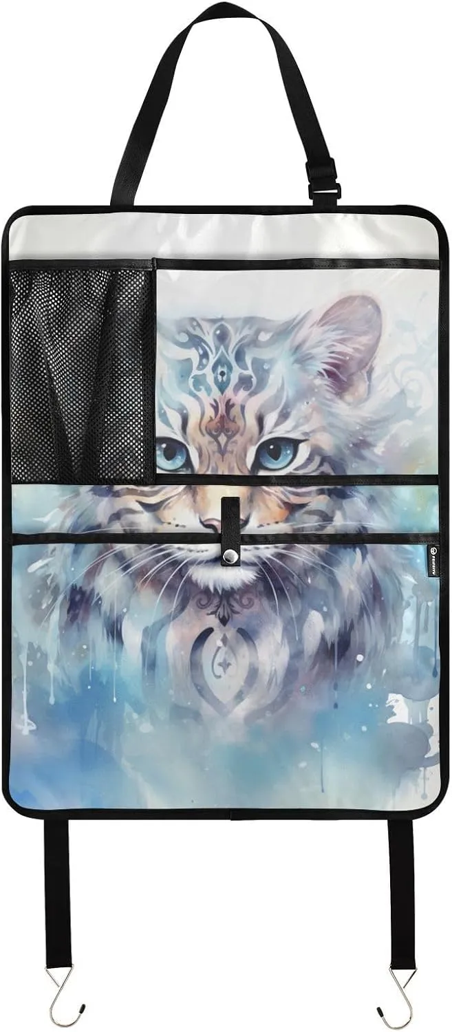 JIPONI Car Backseat Organizer, Snow Leopard Automotive Back Seat Protector, Kick Mats with Storage Pockets for Kids Pets, Road Trip Accessories (2 Pack)