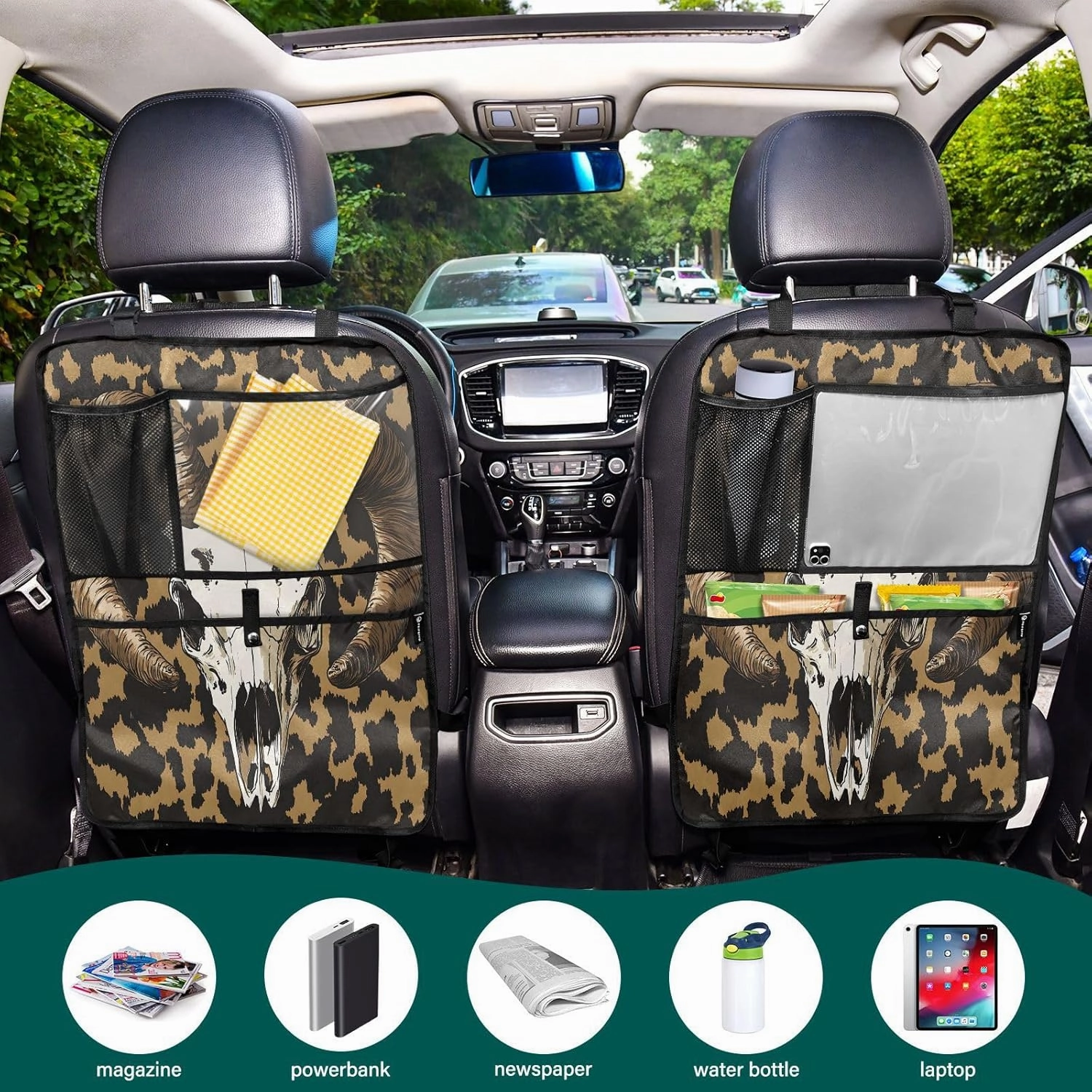 JIPONI Car Backseat Organizer, Sheep Head Leopard Print Automotive Back Seat Protector, Kick Mats with Storage Pockets for Kids Pets, Road Trip Accessories