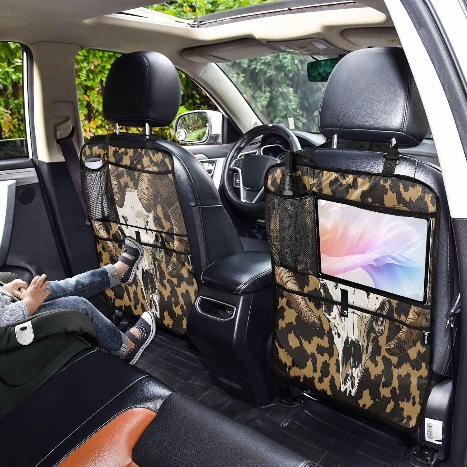 JIPONI Car Backseat Organizer, Sheep Head Leopard Print Automotive Back Seat Protector, Kick Mats with Storage Pockets for Kids Pets, Road Trip Accessories