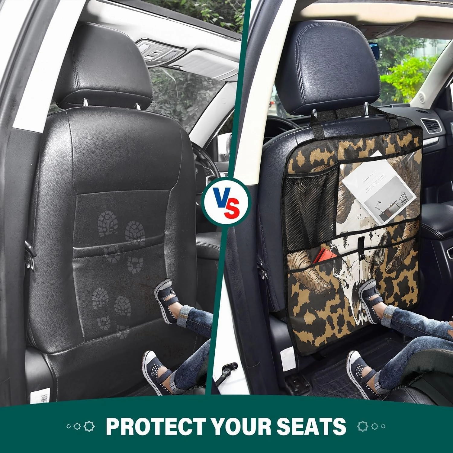JIPONI Car Backseat Organizer, Sheep Head Leopard Print Automotive Back Seat Protector, Kick Mats with Storage Pockets for Kids Pets, Road Trip Accessories