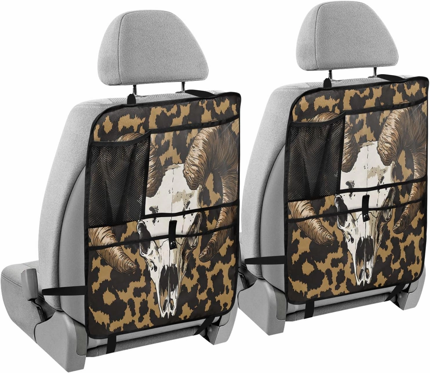 JIPONI Car Backseat Organizer, Sheep Head Leopard Print Automotive Back Seat Protector, Kick Mats with Storage Pockets for Kids Pets, Road Trip Accessories