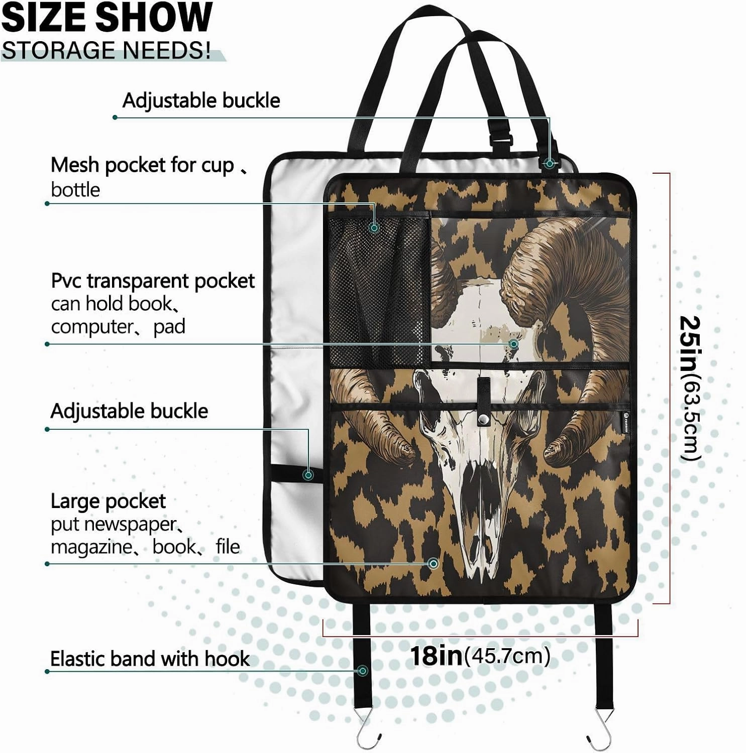 JIPONI Car Backseat Organizer, Sheep Head Leopard Print Automotive Back Seat Protector, Kick Mats with Storage Pockets for Kids Pets, Road Trip Accessories