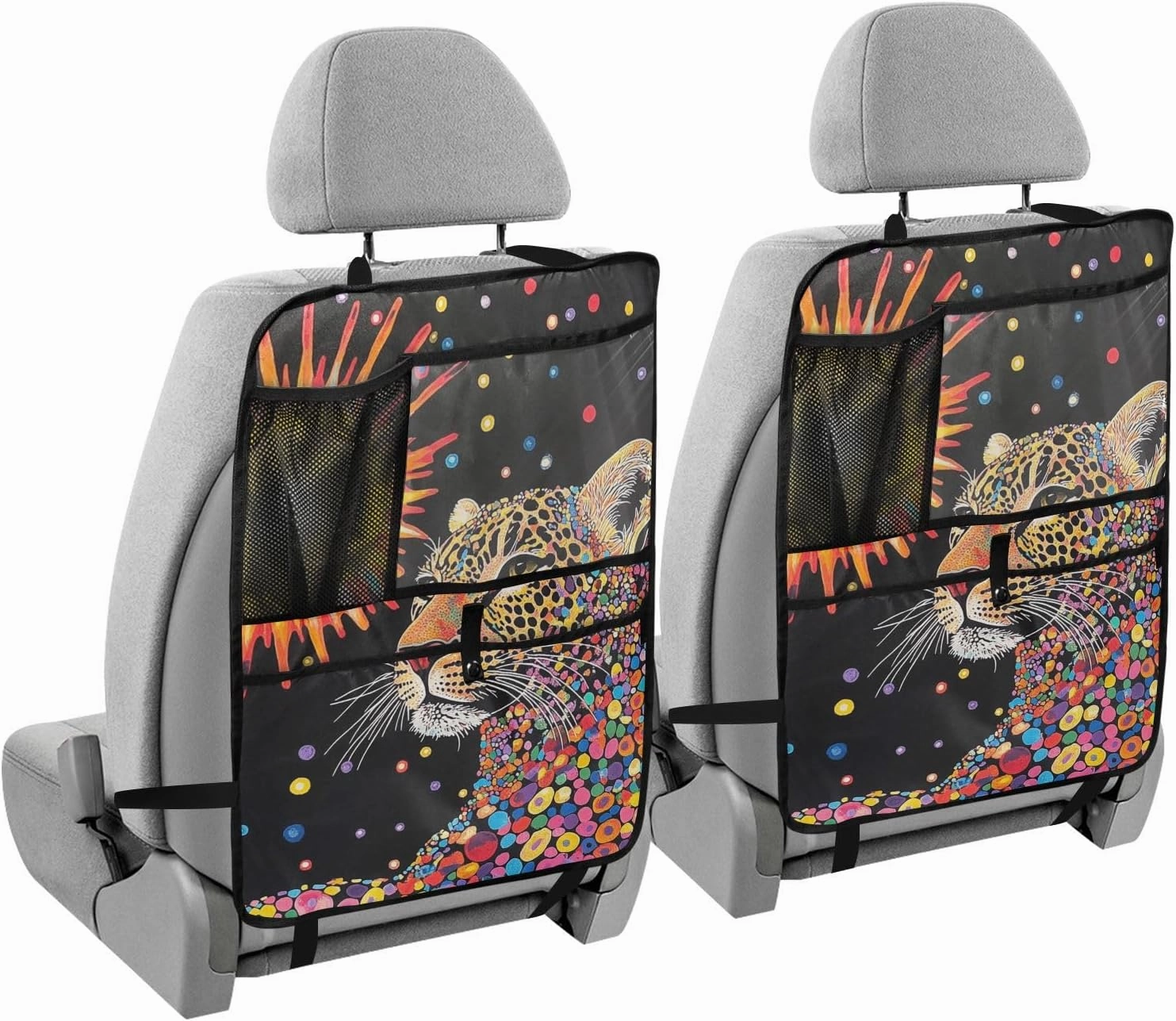 JIPONI Car Backseat Organizer, Sun Leopard Automotive Back Seat Protector, Kick Mats with Storage Pockets for Kids Pets, Road Trip Accessories
