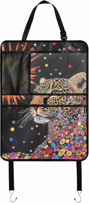 JIPONI Car Backseat Organizer, Sun Leopard Automotive Back Seat Protector, Kick Mats with Storage Pockets for Kids Pets, Road Trip Accessories