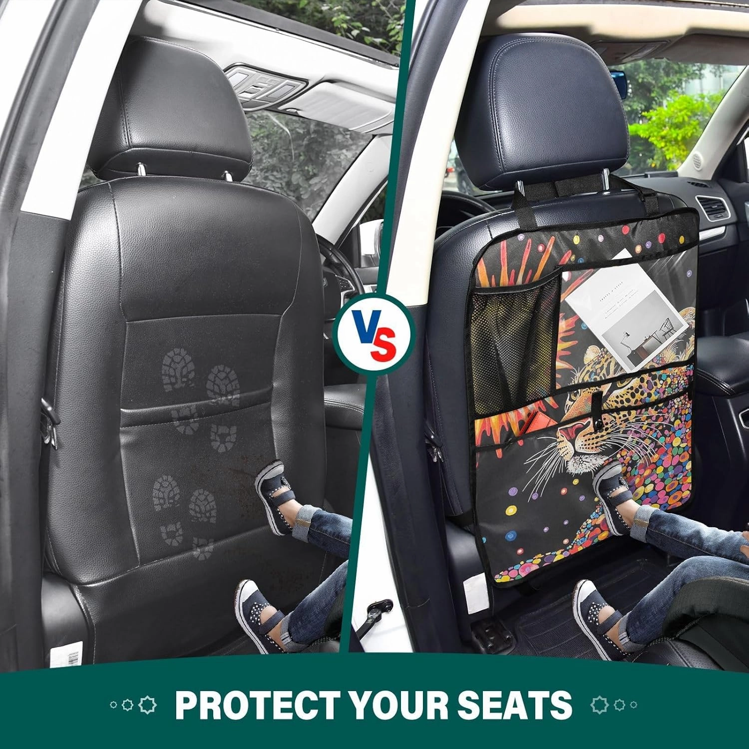 JIPONI Car Backseat Organizer, Sun Leopard Automotive Back Seat Protector, Kick Mats with Storage Pockets for Kids Pets, Road Trip Accessories