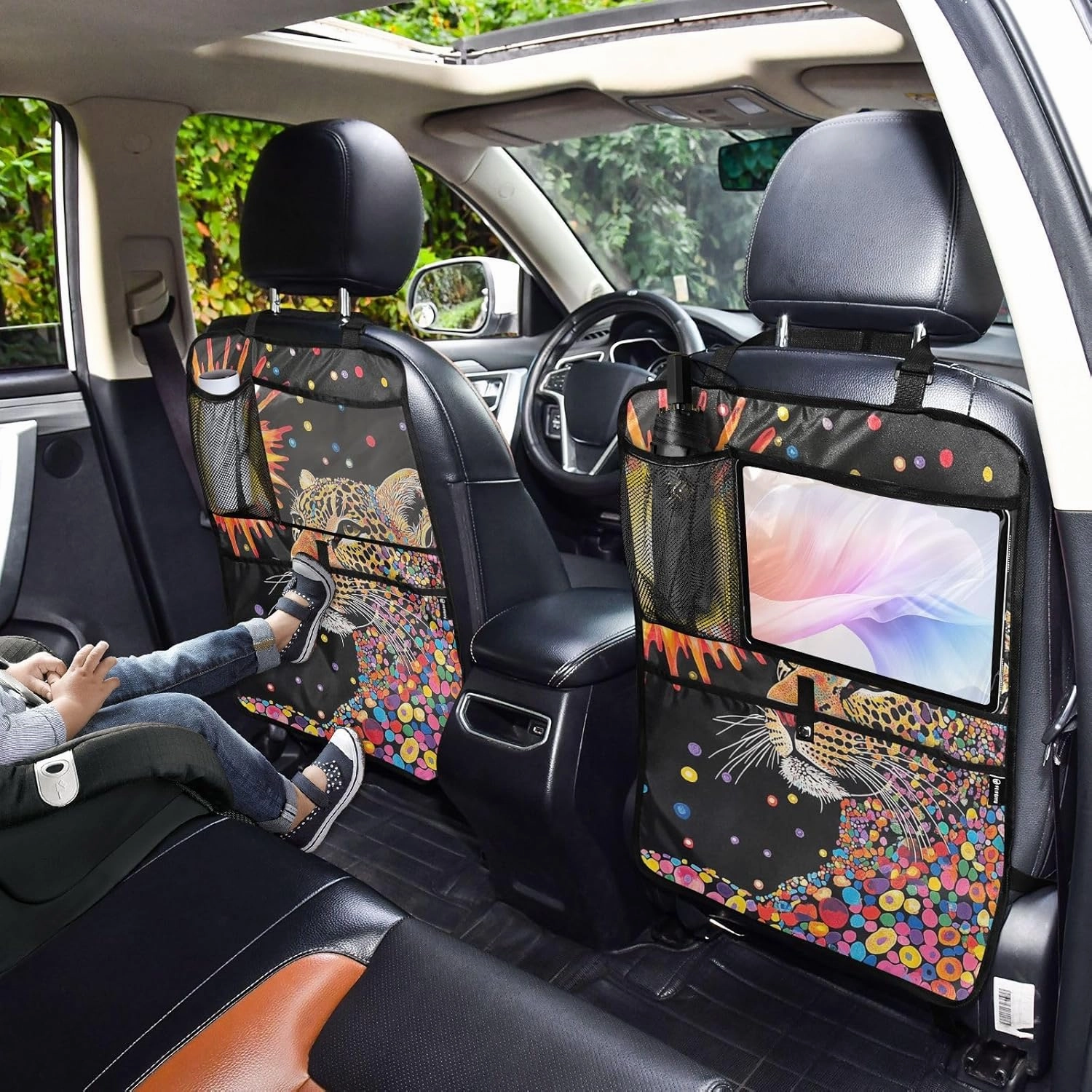 JIPONI Car Backseat Organizer, Sun Leopard Automotive Back Seat Protector, Kick Mats with Storage Pockets for Kids Pets, Road Trip Accessories