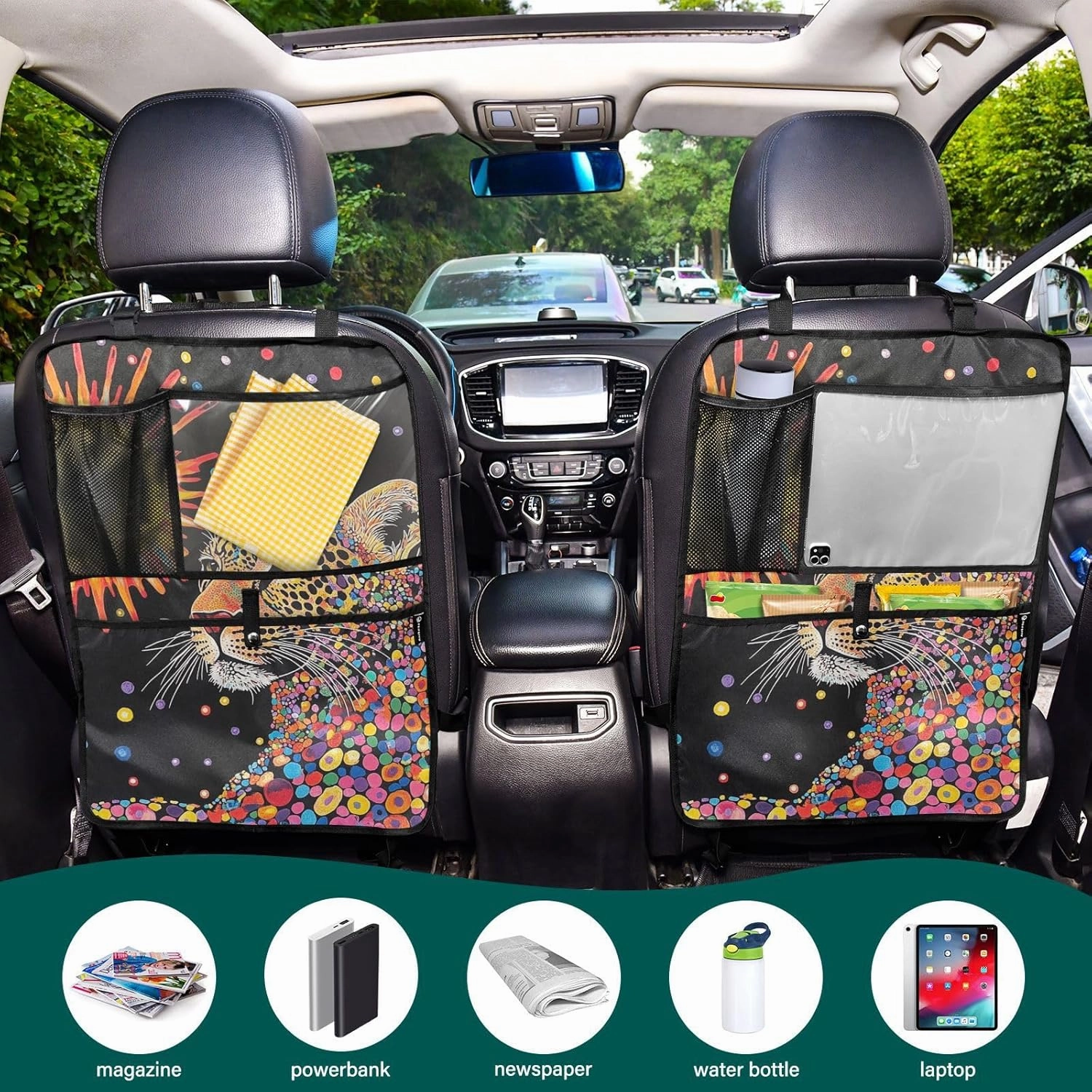 JIPONI Car Backseat Organizer, Sun Leopard Automotive Back Seat Protector, Kick Mats with Storage Pockets for Kids Pets, Road Trip Accessories