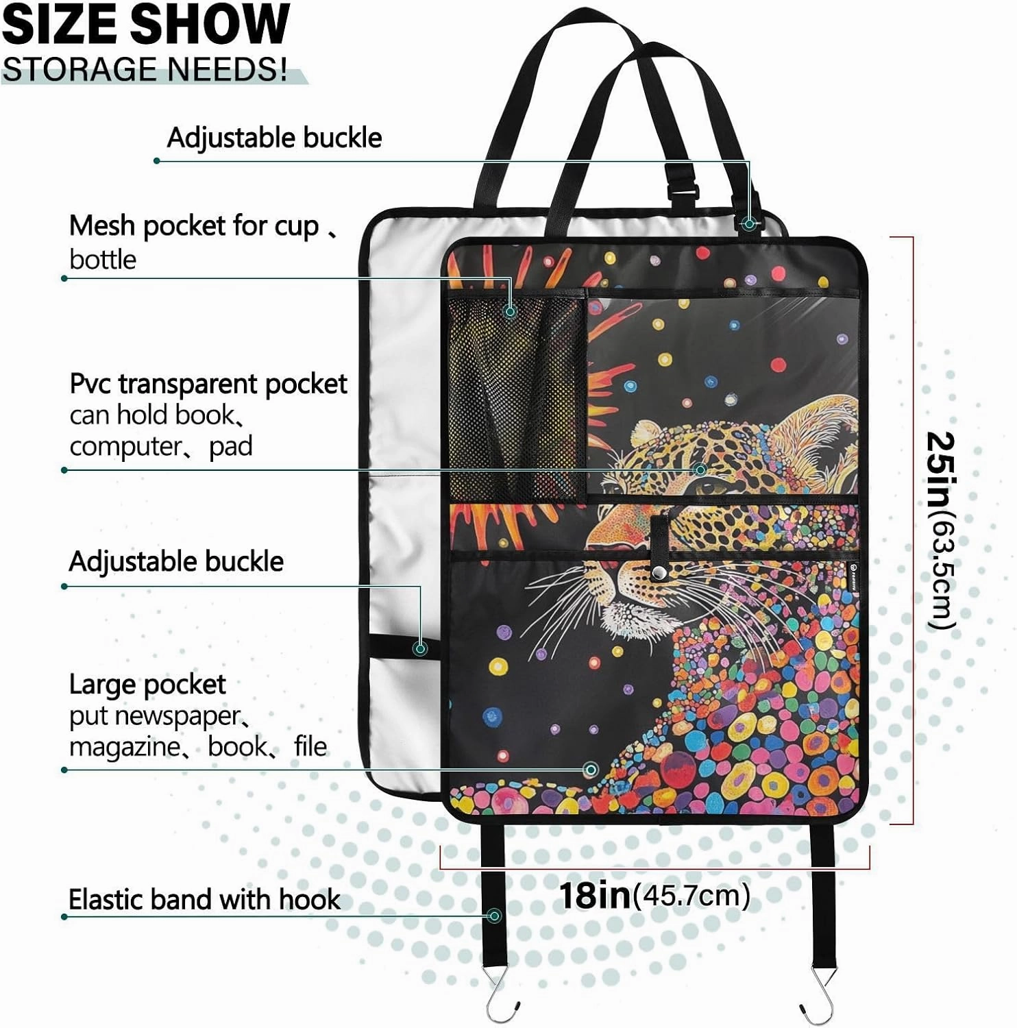 JIPONI Car Backseat Organizer, Sun Leopard Automotive Back Seat Protector, Kick Mats with Storage Pockets for Kids Pets, Road Trip Accessories