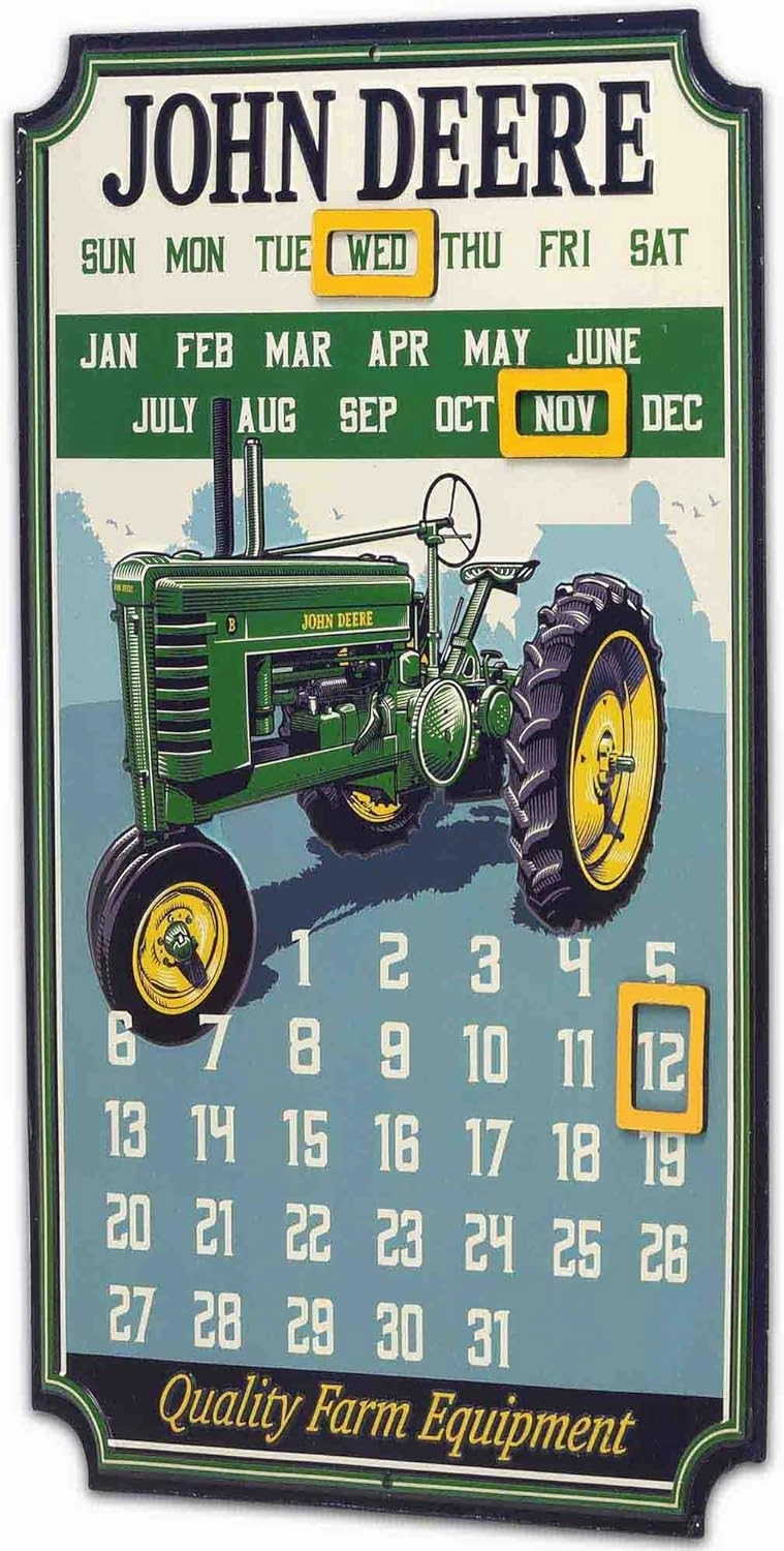 John Deere Calendar - Vintage Embossed Metal John Deere Sign with Magnets for Office, Kitchen or Man Cave Green