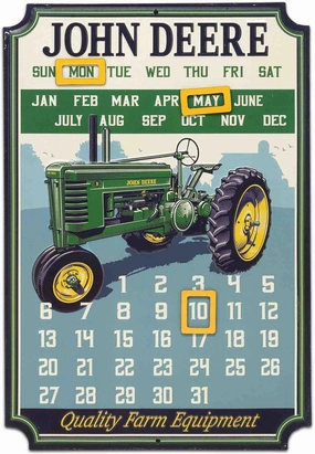 John Deere Calendar - Vintage Embossed Metal John Deere Sign with Magnets for Office, Kitchen or Man Cave Green