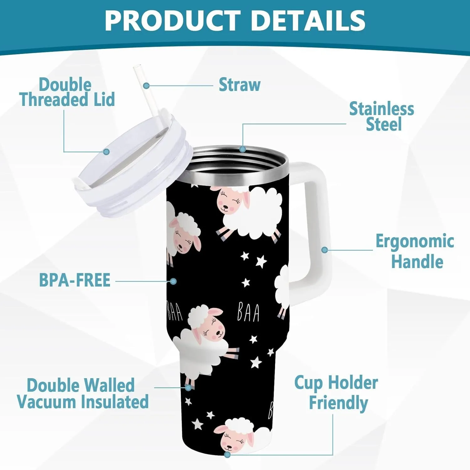 Joisal Cute Cartoon Sheep Double Wall Tumbler 40 Oz Iced Coffee Cup with Lid and Straw