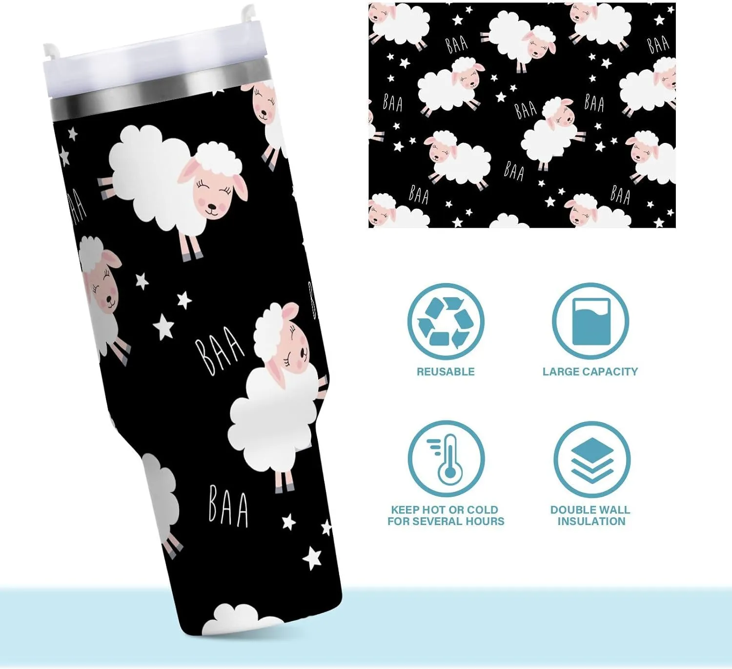 Joisal Cute Cartoon Sheep Double Wall Tumbler 40 Oz Iced Coffee Cup with Lid and Straw