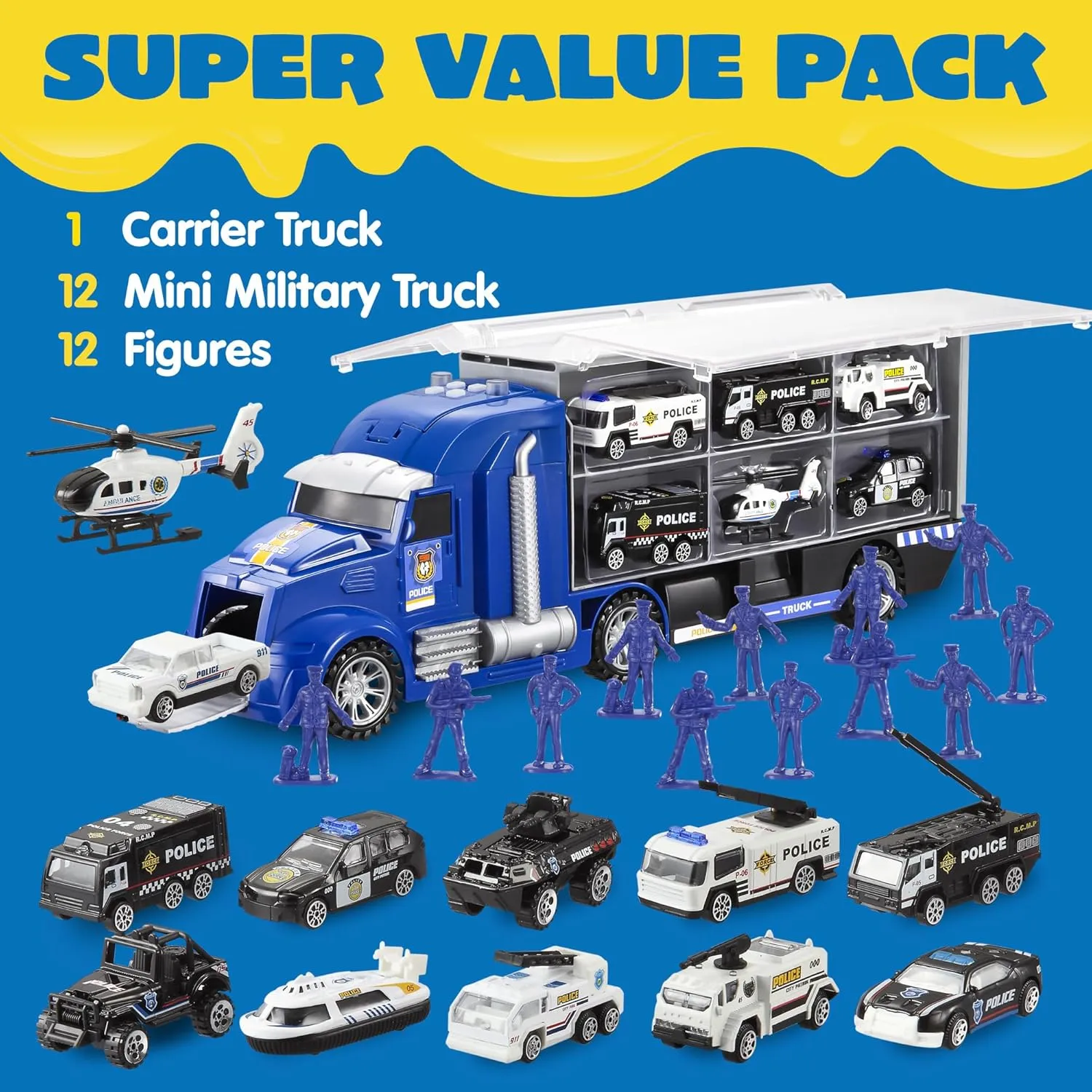 JOYIN 25 in 1 Police Rescue Truck Car Toy Set with Sounds and Lights, Mini Vehicles in Carrier Truck, Play Police Patrol Rescue Vehicle Toy, Birthday Gifts for Over 3 Years Old Boys